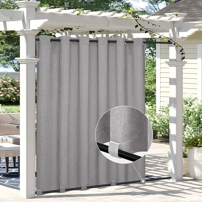 Easy-Going Linen Look Outdoor Curtains Waterproof Windproof Porch Curtains, Soft Thicken Outdoor Privacy Curtains for Patio, Gazebo, Grommet Top and Tab Bottom Drape, 1 Panel, 110x108 inch, Grey Easy-Going