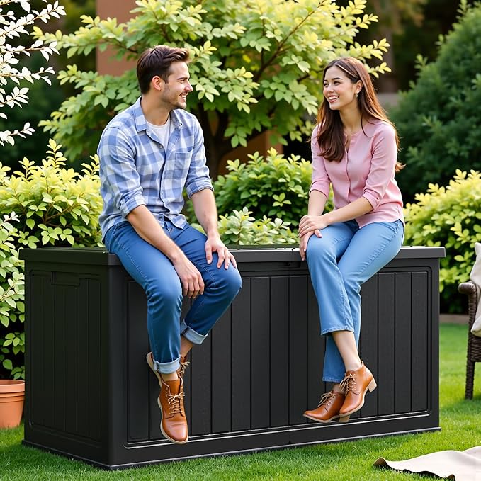 Flamaker Resin Deck Box 270 Gallon, Waterproof Imitation-Wood Lockable Storage Box with Separator Plate Outdoor Indoor, Garden, Patio Furniture for Tools&Pool Accessories (Black) Flamaker