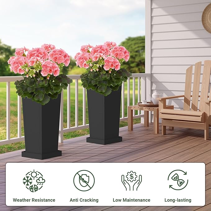 Tall Outdoor Planters Set of 2, 26 inch Tall Planters for Outdoor and Indoor, Metal Tapered Pots with Drainage Holes & Insert Shelves & Trays for Porch, Garden, Patio, Yard Toriexon