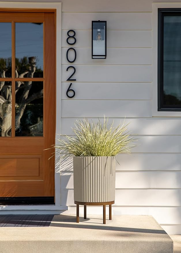 Veradek Demi Series Round Planter w/ Stand for Porch/Patio | Durable Plastic-Concrete & Wooden Stand | Modern Décor for Tall Plants, Flowers VeradekOutdoor