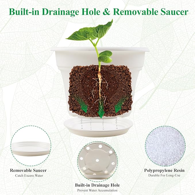 10 Inch Plastic-Flower-Pot-for-Indoor-Plants, 4 Pack Large Outdoor Planter Pot with Drainage Holes & Saucers, Resin Decorative Garden Pots Planters Pottiffe