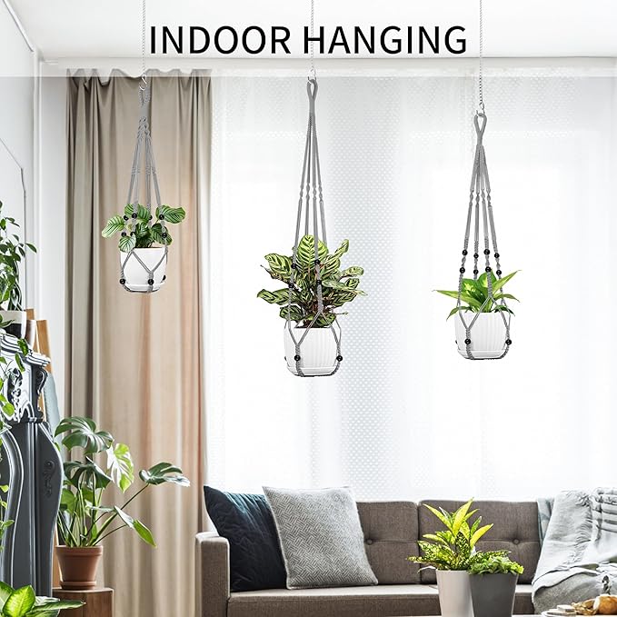 Macrame Plant Hanger - Fits 4 to 15 inches Pots for Indoor Outdoor, 43"/35"/29" Different Sizes Set, Gray (POTS NOT Included) IDEEEPAN