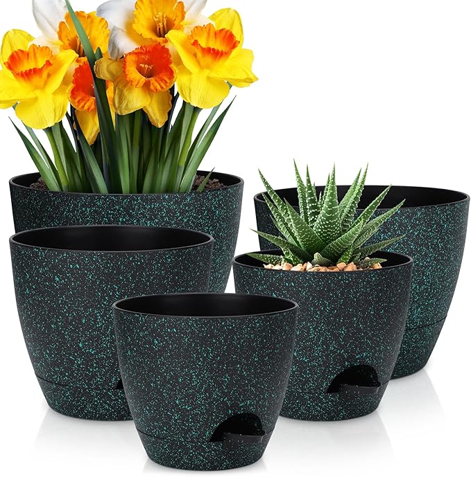 Plant Pots 10/9/8/7.5/7 inch, Self Watering Planters with Drainage Holes & Saucers for Indoor and Outdoor Plants (Green Speckles) AFamilyofGardenLovers