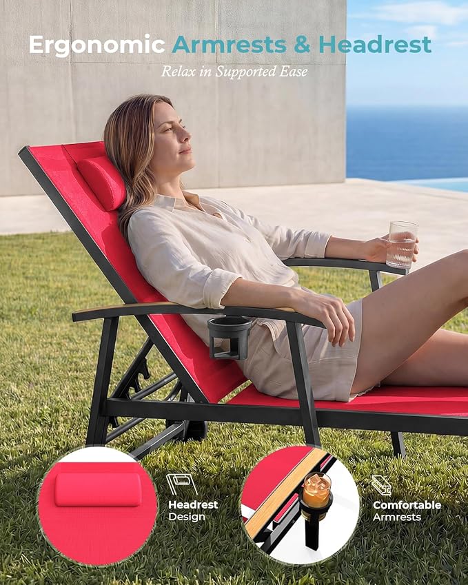 Ciokea Outdoor Lounge Chair with Pillow, 5-Position Aluminum Chaise Lounge with Wheels & Armrests, 400 lbs Heavy Duty Patio Pool Chair for Deck, Backyard, Beach & Poolside, Red CIOKEA