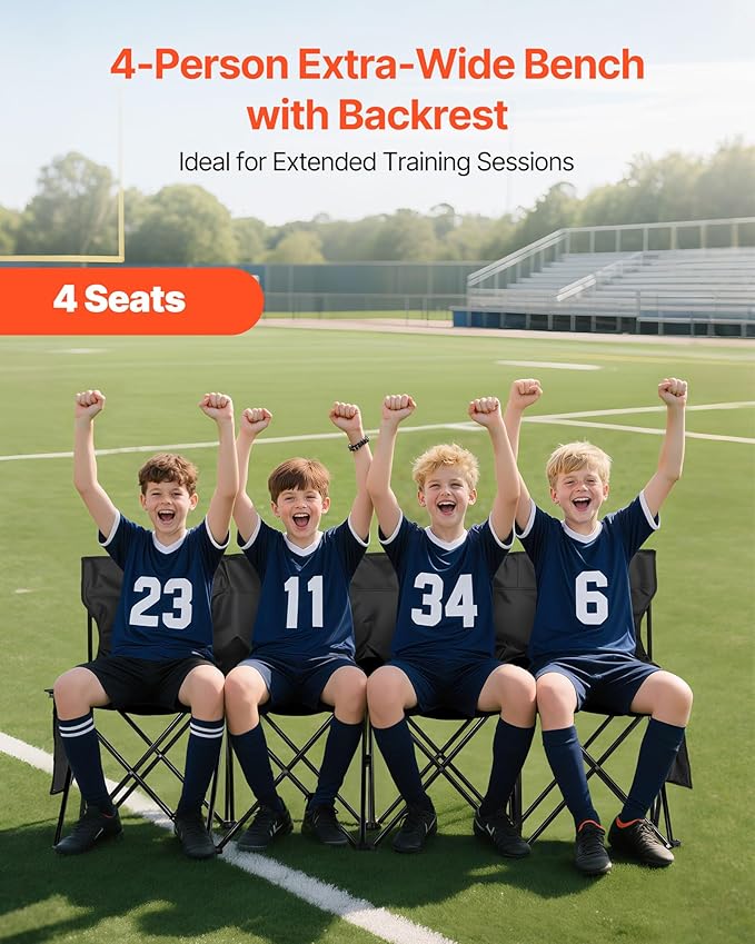 VEVOR Portable Folding Bench, 4 Seat Foldable Soccer Bench with Side Pockets and Carrying Bag, Lightweight Sideline Seating with Back Rest for Football, Baseball, Camping, Outdoor Events, Black VEVOR
