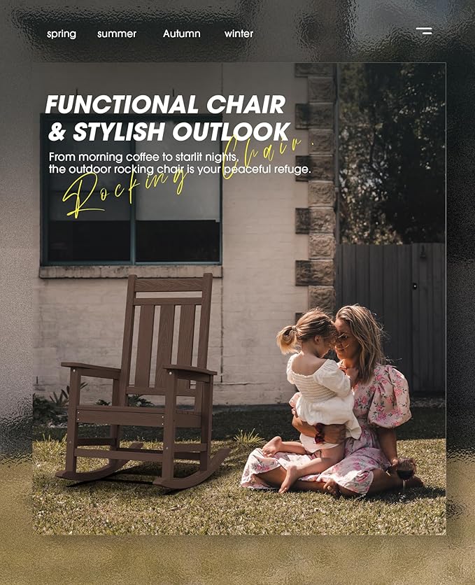 KINGYES Oversized Outdoor Rocking Chair Set of 2, All-Weather Patio Rocking Chairs for Porch, HDPE Outdoor Patio Rockers with High Back & Wide Seat for Garden, Lawn, Coffee KINGYES