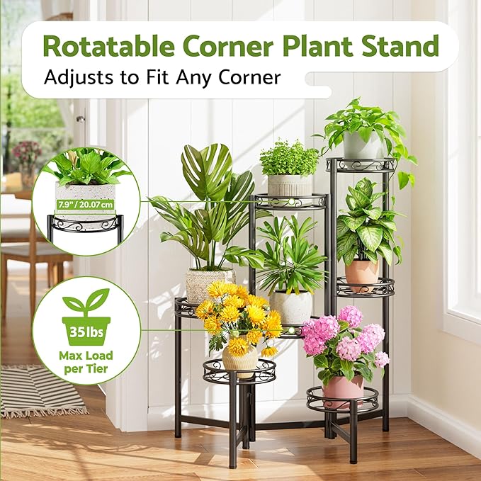 Metal Plant Stand, 7 Tier Tall Wrought Iron Plant Shelf Holder for Indoor, Outdoor Folding Tall Display Rack Flower Pot Stand for Corner Office Balcony Patio - BlackCircle Rootora
