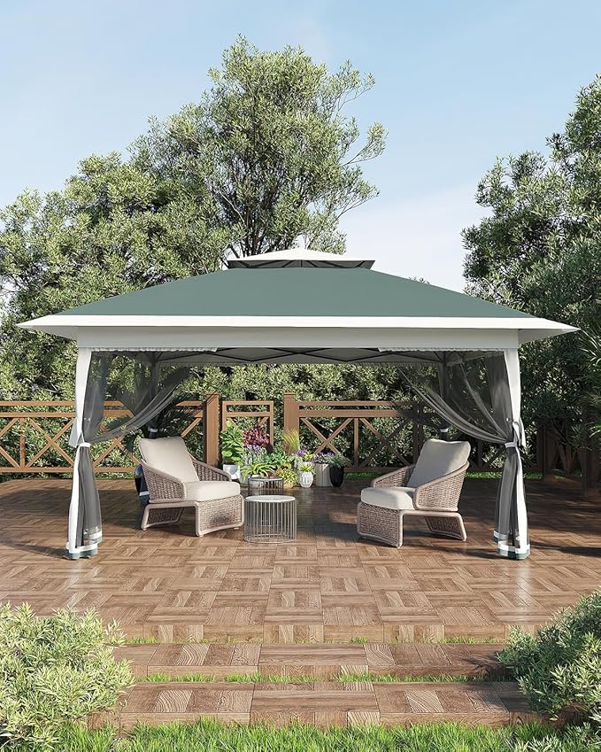 Canopy Tent 13x13 ft, Pop Up Gazebo One-Push Setup with 4 SandBags for Backyard Parties and BBQs, Mosquito Netting & Height Adjustable - Green GarveeLife