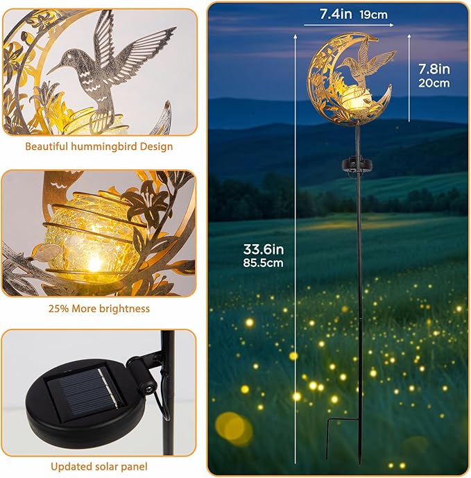 Solar Hummingbird Lights Outdoor Decor - Moon & Bird SolaGardenLights Waterproof, Auto On/Off Pathway Lighting for Yard/Lawn/Patio, Handcrafted Metal Solar-Stake-Lights for Outside Decorations ShangTianFeng