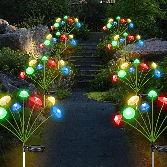 4PK 32LED Solar Garden Lights Outdoor, Mushroom Solar Lights Outdoor, IP65 Waterproof Firefly Light Outside Decor for Patio Pathway, Sway by Wind for Pathway Garden Mushroom Decorations, Multicolor KAQ