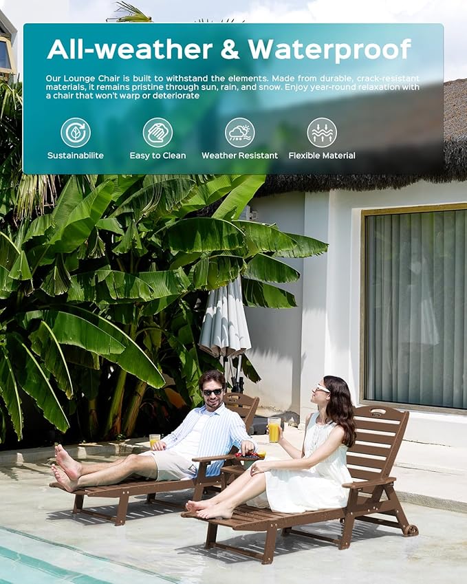 Ciokea Outdoor Lounge Chair Set of 4, All Weather Patio Chaise Lounge Chair for Outside, HDPE Chair with Rolling Wheels & Cup Holder, 5 Position, Deck, Pool, Dark Brown CIOKEA
