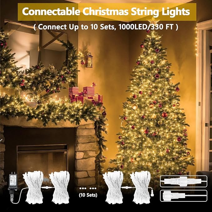 2 Pack 100 LED Connectable String Lights Indoor Outdoor, 33FT Clear Wire Christmas Lights for Bedroom, 13 Modes Twinkle Fairy String Light for Xmas Tree Wedding Party Bedroom Garden Decor (Warm White) SANJICHA