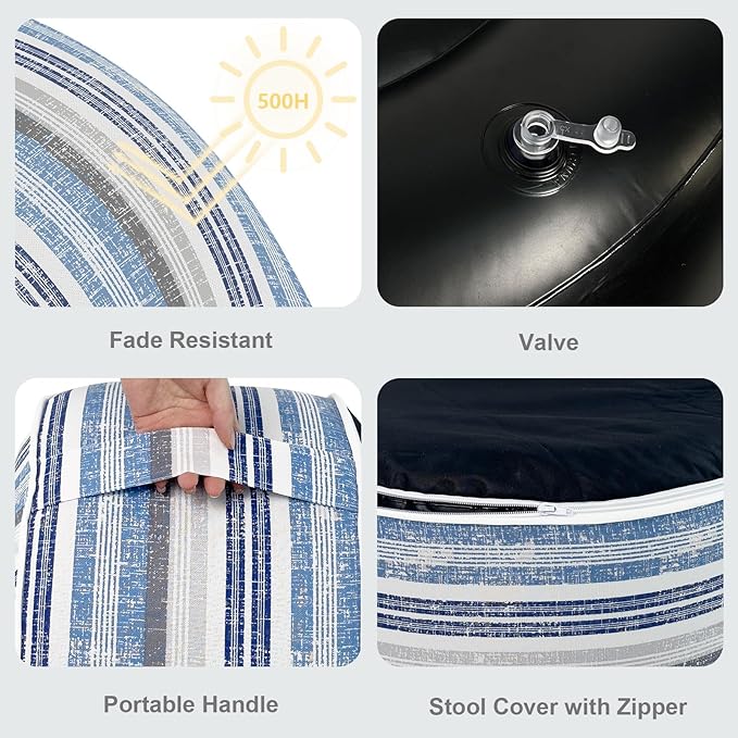 LVTXIII Inflatable Stool Ottoman Footrest with Handle, Decorative Fade-Resistant Foot Stool, Indoor or Outdoor Pouf for Home Garden and Camping Use, D21 x W 21 x H9, Stripe Layered Blue LVTXIII