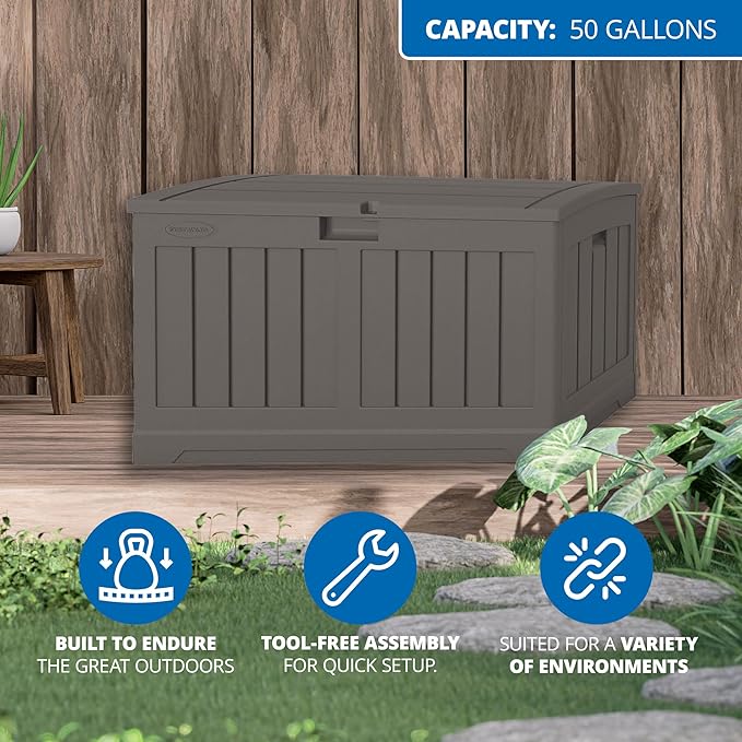 Suncast 50 Gallon Plastic Deck Box with Molded Lockable Feature and Weathertight Construction for Home, Patio, Lawn, and Garden Storage, Gray Suncast