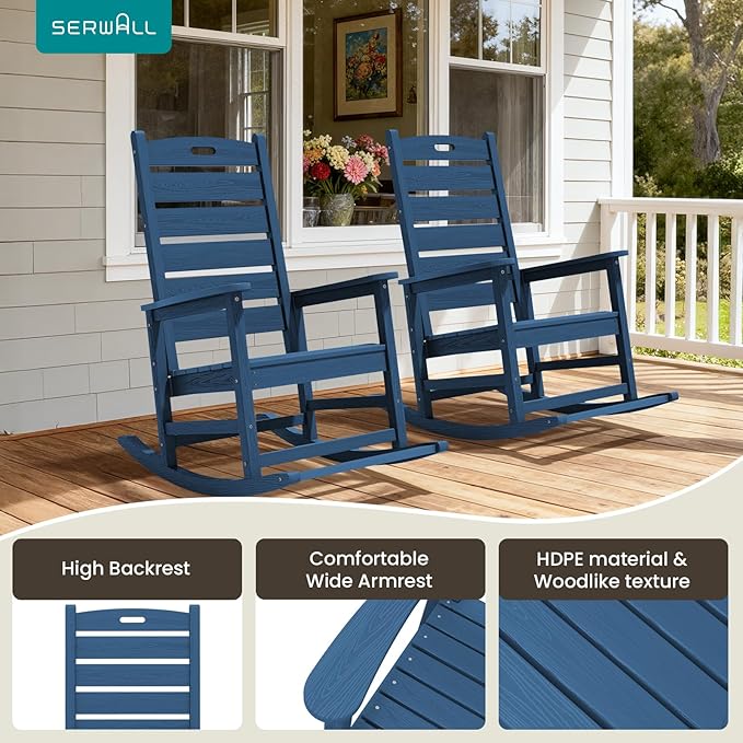 SERWALL Oversized Outdoor Rocking Chair, HDPE Patio Rocking Chair with Footrest for Adults, All Weather Porch Rocker for Deck Patio Balcony, Navy SERWALL