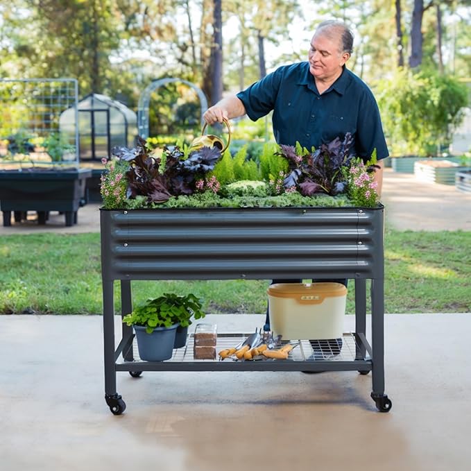 Rolling Elevated Raised Garden Bed-V Series, 2' x 4' Garden Beds with Legs & Storage Rack for Patio & Porch, 700 Lbs Weight Capacity, Outdoor Planter Box for Vegetables Flower Herbs, Modern Gray VegoGarden