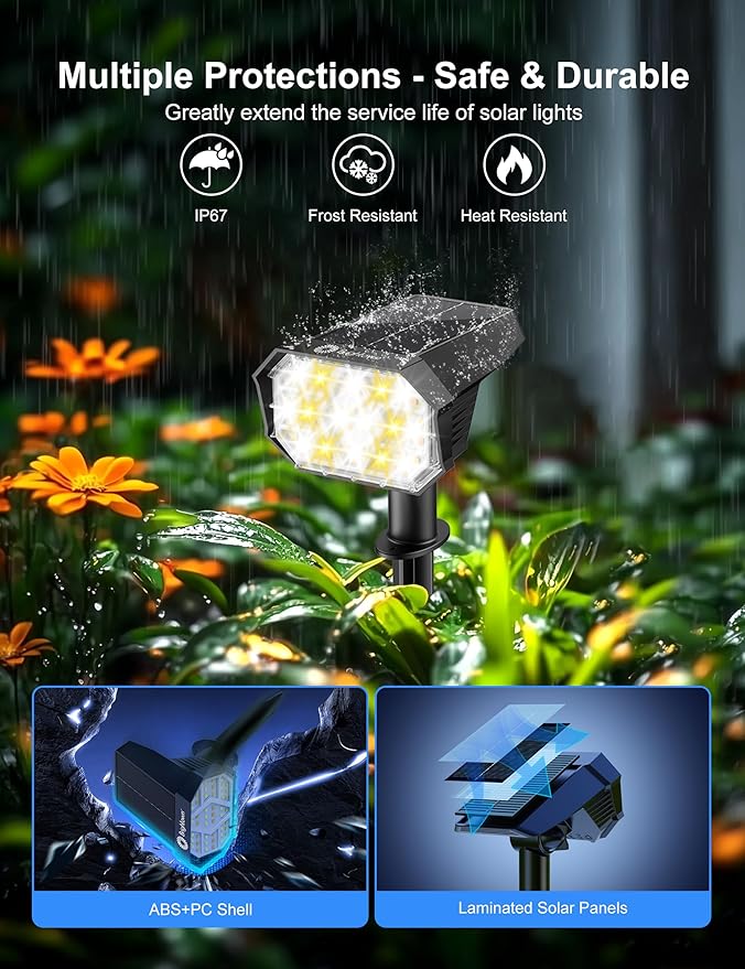 Brightown 4Pack Solar Spot Lights Outdoor [Cool & Warm Light 2-in-1], IP67 Solar Lights Outdoor Waterproof with 1800mAh, Two Mounting Methods Outdoor Solar Lights for Yard, Garden and Pathway Brightown