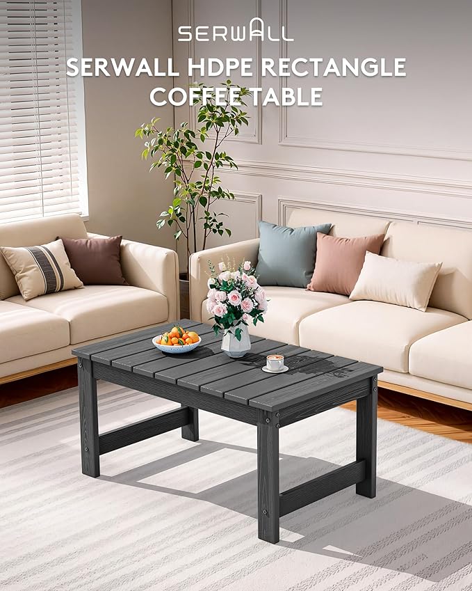 SERWALL Outdoor Coffee Table with 1.69" Umbrella Hole, HDPE Patio Coffee Table for Outside, Rectangle, Gray SERWALL