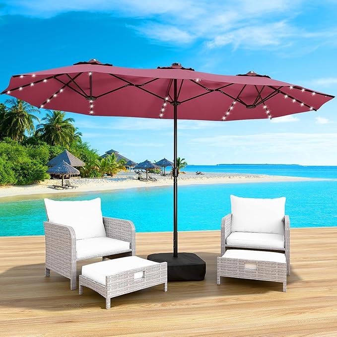 LEVELEVE 14FT Large Patio Umbrella with Base & Solar LED Lights - Double-Sided,Red Enjoyyourlife