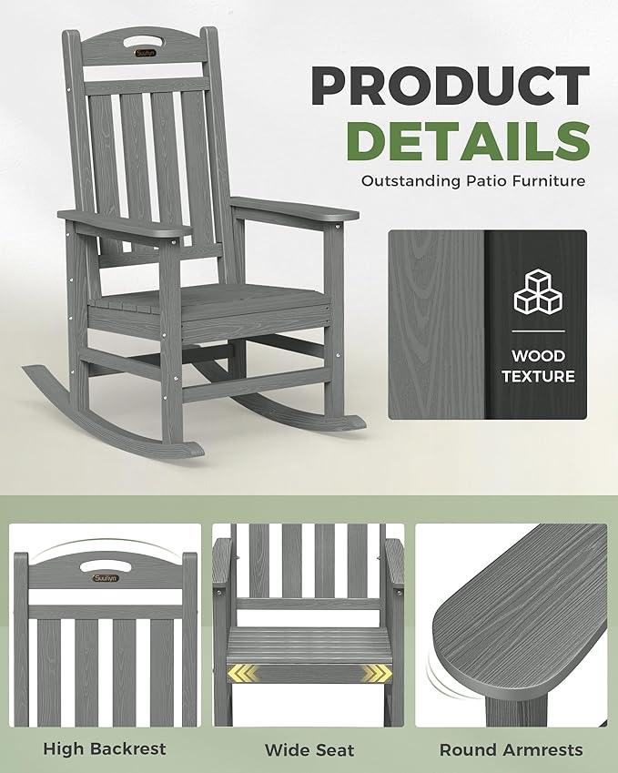 Oversized Outdoor Rocking Chairs Set of 2, High Back Porch Rocker Chair, HDPE Rocking Chairs for Patio, Living Room, Light Grey Suunyn