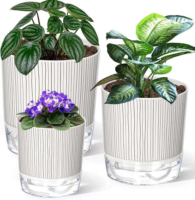 3 Pack Self Watering Pots for Indoor Plants, 4+5.5+6.3 Inch Self Watering Plant Pots, Flower Pots with Wick Rope and Reservoir - Black Stripes Samhe