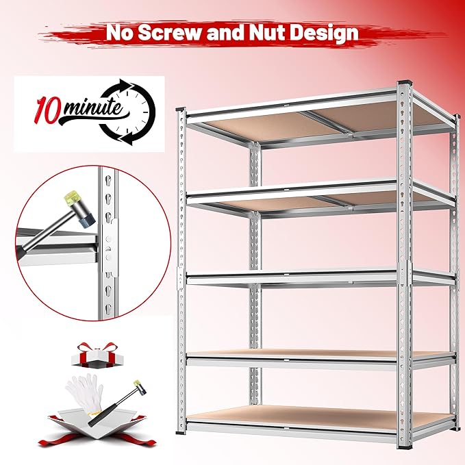 REIBII 2020LBS Garage Shelving Heavy Duty Metal Shelving 5 Tier Storage Shelves, Garage Shelves for Basement, Warehouse, Pantry, Closet, Kitchen, 72" H x 35.55" W x 16" D, Galvanized, 2 Pack REIBII