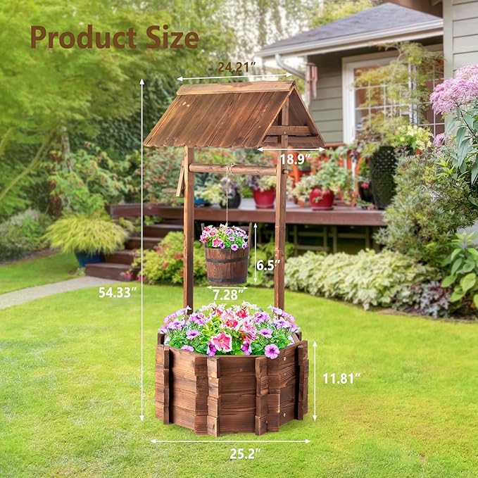 VINGLI Wooden Wishing Well Outdoor Planters, Well Covers for Yard with 4 Reinforced Rods, Height Adjustable Hanging Bucket, Rustic Flower Pot Home Decor for Outside Patio Garden VINGLI