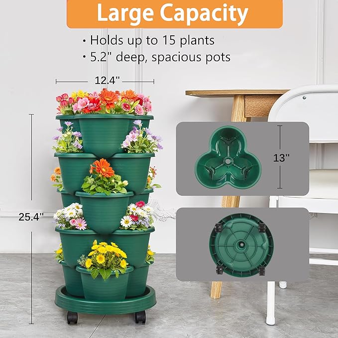 VECELO 5 Tier Vertical Garden Planter, Self Watering Stackable Planters with Wheels for Strawberries, Herbs, Flowers, Vegetables, Dark Green VECELO