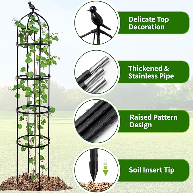 2-Pack 6FT Garden Obelisk Trellis for Climbing Plants,Adjustable 4-Tier Metal Plant Support,Rustproof Outdoor Plant Tower with 3 Decorative Tops for Roses,Tomatoes,Clematis & Vines,Black TCBWFY