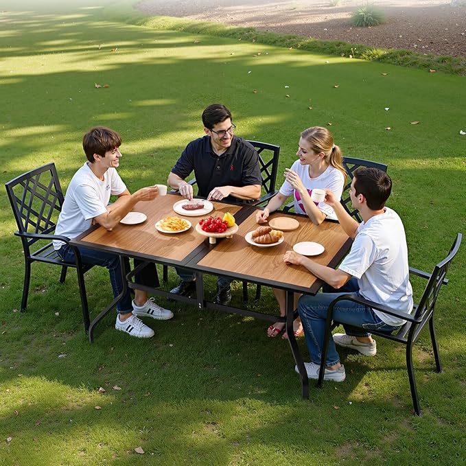 VEVOR Outdoor Patio Dining Table, 59 inch Long Rectangular Wood-Like Steel Slat Backyard Bistro Tables for 4-6, with 1.5 in Umbrella Hole, All-Weather Large Furniture for Lawn Garden Porch, Brown VEVOR