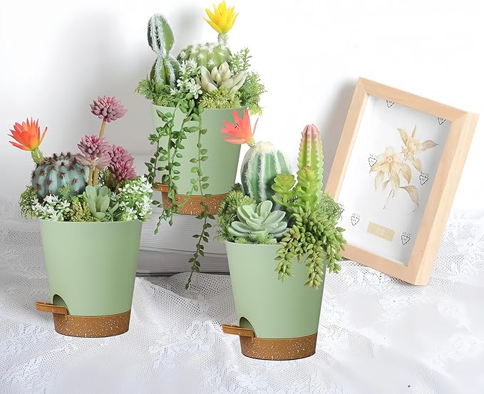 12 Pack 4 Inch Self Watering Plant Pots with Drainage and Saucers，Plastic Flower Pots for Indoor and Outdoor Plants, Nursery Planters for Houseplants and Herbs Green Brown, 4 inch 12pcs zople