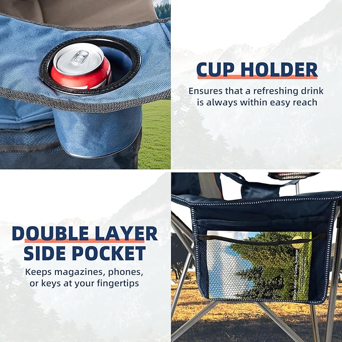 2 Pack Folding Camping Chairs for Adults - High Back Padded Outdoor Lawn Chairs with Lumbar Support & Cup Holder, 400lbs Heavy Duty Portable Camping Chairs Set (Blue & Brown, 2 PCS) Rootora