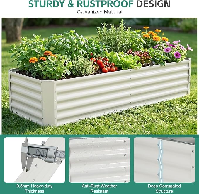 Galvanized Raised Garden Bed - 6x2x1.4ft Metal Garden Planter Box Outdoor | Steel Raised Bed Kit with Bracing Rods, Gloves for Gardening Vegetables Fruits and Flowers (White) BIRDSINYARD