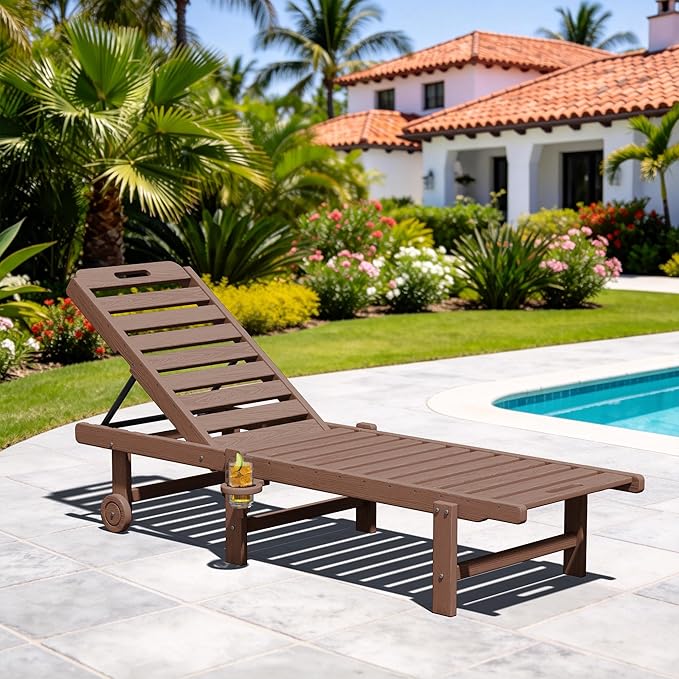 SERWALL Patio Chaise Lounge, HDPE Outdoor Lounge Chair with Cup Holder, 5 Positions Adjustable Poly Lounger with Rolling Wheels for Poolside, Deck, Sunbathing, Brown SERWALL
