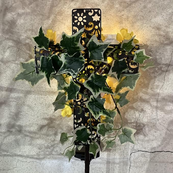 Starryfill Solar Memorial Cross Lights with 3 Flowers, LED Grave Maker, Waterproof Cemetery, 40.5 Inch High Remembrance Sympathy Gifts for Loved Ones Starryfill