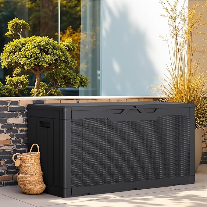 Greesum Outdoor Storage Box 100 Gallon Storage Bin with Lid for Patio Furniture, Garden Tools, Pool Supplies, Lockable, Waterproof and UV Resistant, Black BuynowfromGreesum