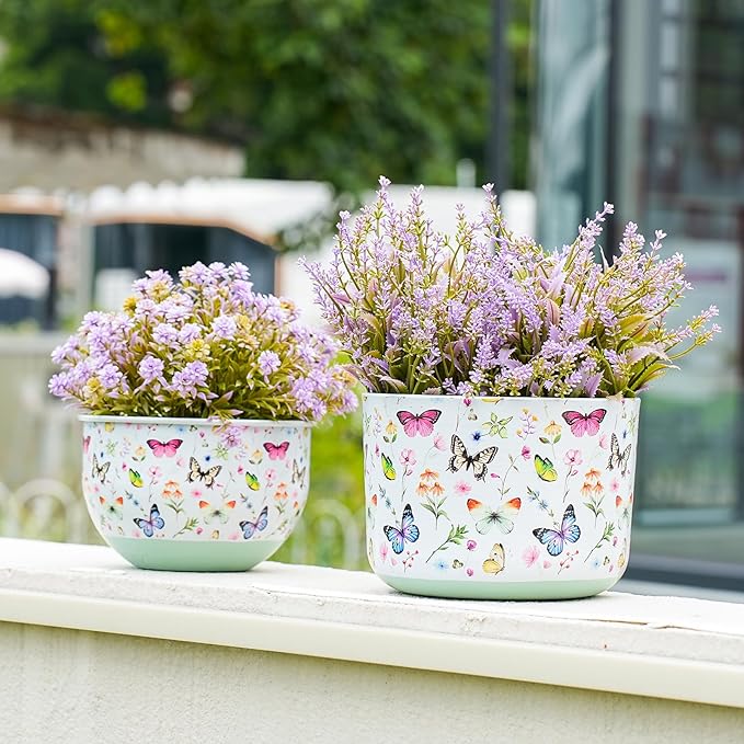 Butterfly & Bee Metal Planters Set of 2 – Decorative Flower Pots with Colorful Garden Prints, Outdoor & Indoor Use Cute Spring Floral Design for Patio, Balcony, Home Decor (Butterfly) JointHonglin