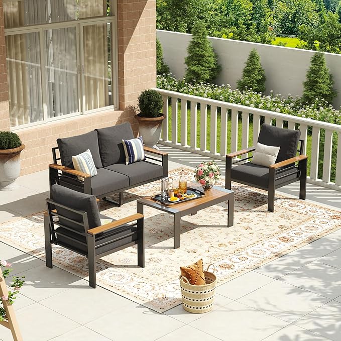 Aoxun Aluminum Patio Furniture Set 4 Seats, Oversized Outdoor Sectional with Washable Cushions, Coffee Table and Waterproof Cover, Patio Conversation Sets for Porch, Balcony, Deck Aoxun