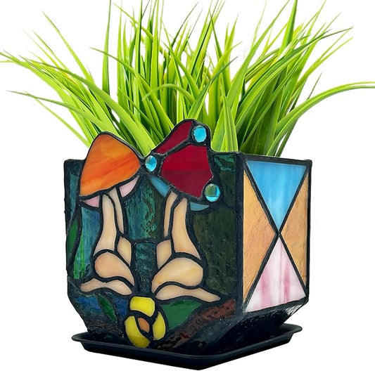 Mushroom Lady Body Plant Pots,Flower Pot with Drainage Hole, Stained Glass Mushroom Lady Yoga Pose Decoration Planter,Unique Cute Face Head Space Decoration Aesthetic 4.6x3x5.15 in Entlityful