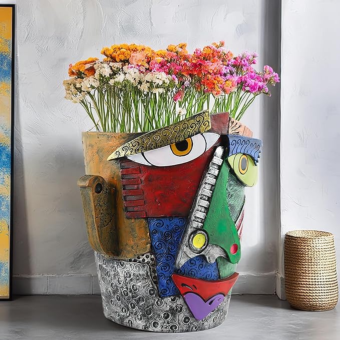 TOZLU Art Abstract Face Planters Pots Head,Unique Fun Abstract Face Flower Pot Ornaments Head Planter Pots Container Colorful Resin Flower Pot for Home and Garden Decor(Picasso Abstract Flowerpot) TOZLU