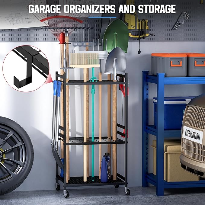 Garden Organizer With Wheels, Yard Tower Rack for Garage Storage, Up to 35 Long-Handled Tools, Sturdy Metal Steel Holder With 3 Hooks, Outdoor, Black DAOUTIME