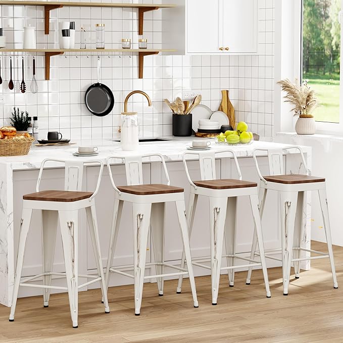 WENTMENT Bar Stools Set of 4 Counter Height Bar Stools Metal Barstools with Removable Back 30" Kitchen Bar Stools with Wooden Seat, Distressed White WENTMENT