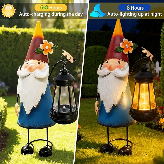 Solar Garden Gnome Statue with Lights,14.56in Tall Solar Gnome Garden Sculptures, Birthday Gift for Woman Grandma Big Metal Decorative for Outdoor Patio Porch Ornaments Lawn Yard Balcony yulloyello