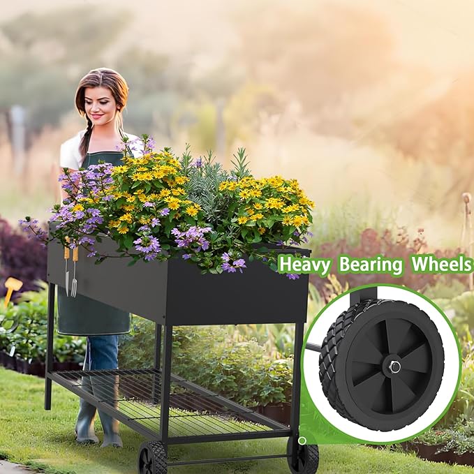 51 × 26 × 31.5 Inches Raised Garden Bed with Legs/Storage Shelf, Mobile Planter Box for Outdoor Plants, Elevated Garden Bed for Backyard, Balcony, Black Rootora