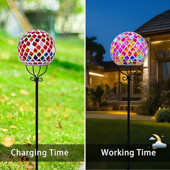VCUTEKA Solar Outdoor Lights Garden Decor Mosaic Solar Garden Lights Waterproof Glass Ball LED Pathway Stake Light for Landscape Lawn Patio Yard Decoration 6 inch, Red VCUTEKA