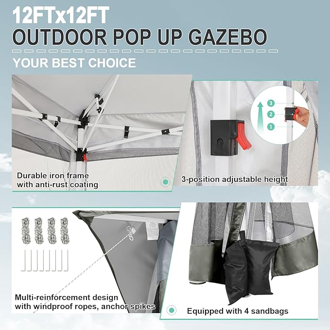 COBIZI 12x12 FT Pop up Gazebo on Clearance Outdoor pop up Canopy Tent,carpas para Patio, Shelter Tents with Sandbags & Portable Carry Bag, Patio Gazebos for Camping, Garden & Lawn, Darkgrey(Upgraded) COBIZI