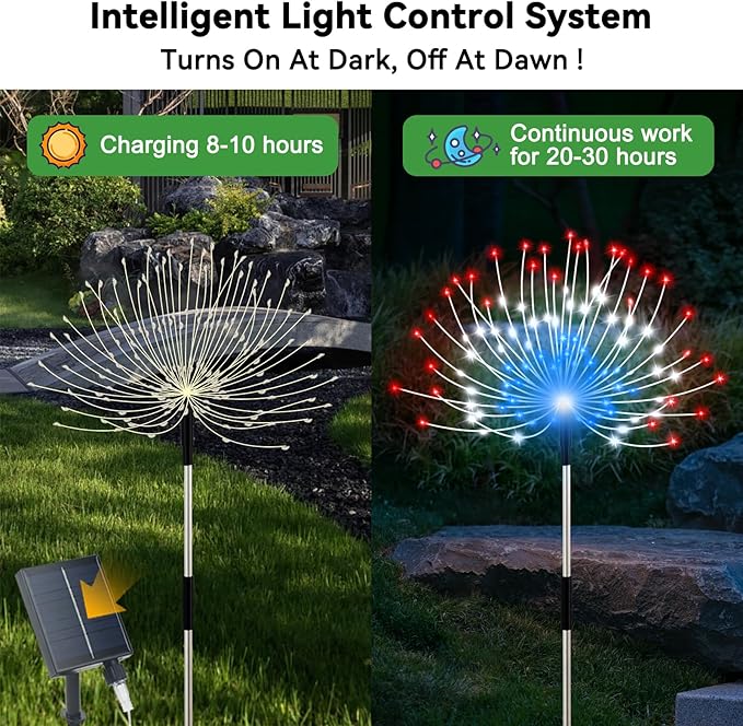 Solar Garden Lights Outdoor, 4 Pack Total 480 LED Solar Firework Lights Decorative 4th of July Decoration, Outdoor Waterproof Lights for Outside Yard Garden Pathway Decor Slyuexu
