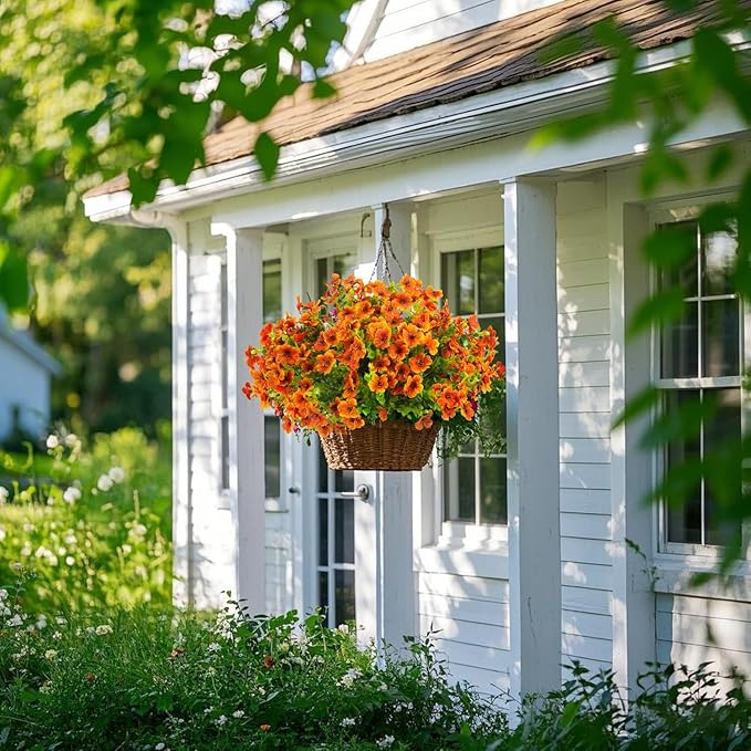 Artificial Fake Flowers for Outdoor Spring Decoration, 16 Bundles Faux Silk Colorful Daisy UV Resistant Realistic for Outside Porch Patio Home Yard Garden Planters Pots Window Box (Orange) Grunyia
