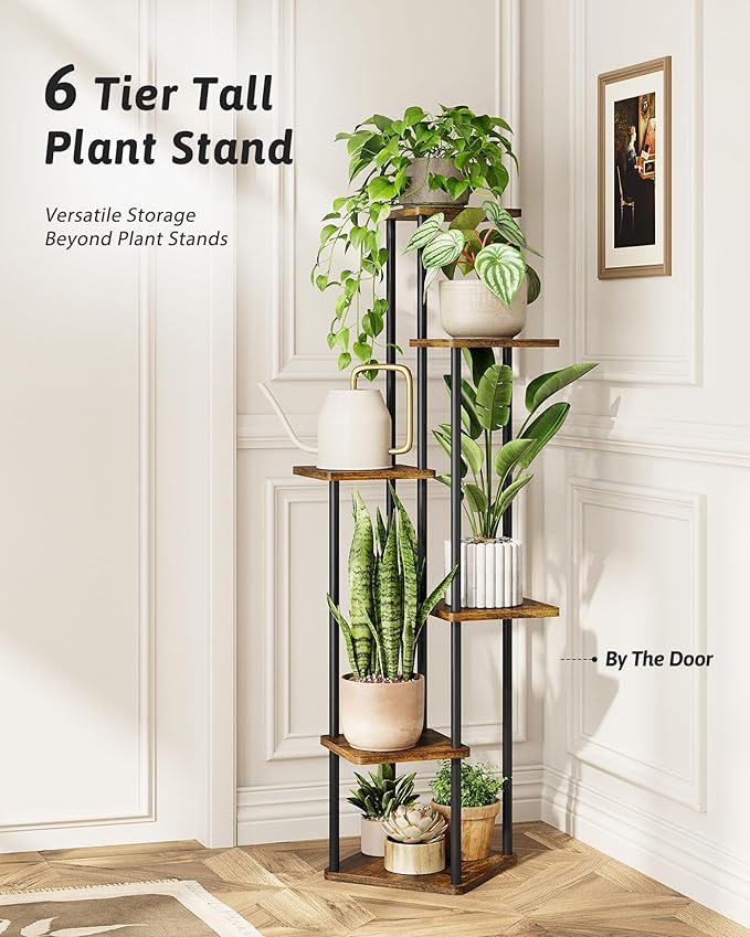 Corner Plant Stand Indoor 6 Tiered Tall Plant Stand Plant Shelf for Multiple Plants Coner Shelf Wood Plant Stands Metal Shelving for Living Room Bedroom Balcony Patio Brown Oak Gentingbro