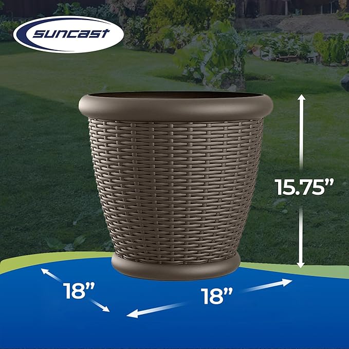 Suncast 4 Pack Wicker Planter w/ Drillable Drain Holes, Decorative Indoor/Outdoor Pot, 18in, Java Suncast